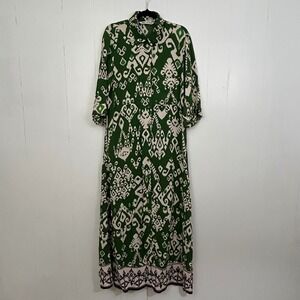 Zara Green Ikat Print Maxi Shirt Dress Womens Medium Button Down Longline Boho